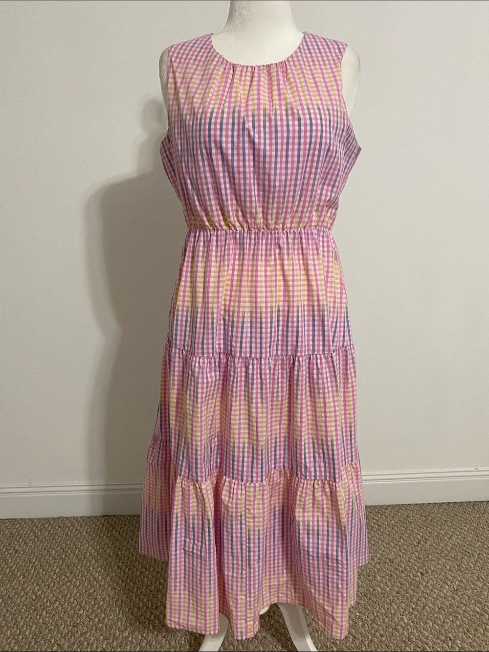 Charter Club Pink Gingham Tiered Maxi Dress with Pastel Accents